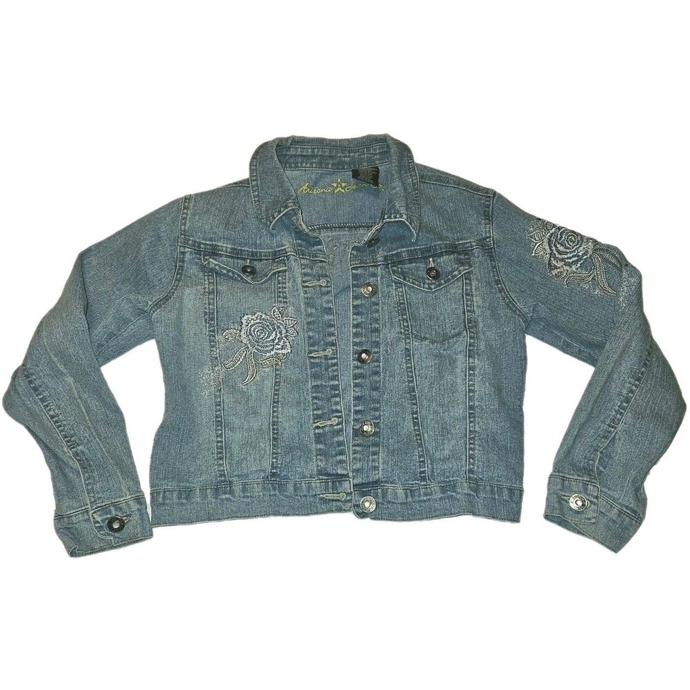 Arizona Jean Y2k Denim Jacket Girls M Blue Embroidered Rose Floral Crop XS Women